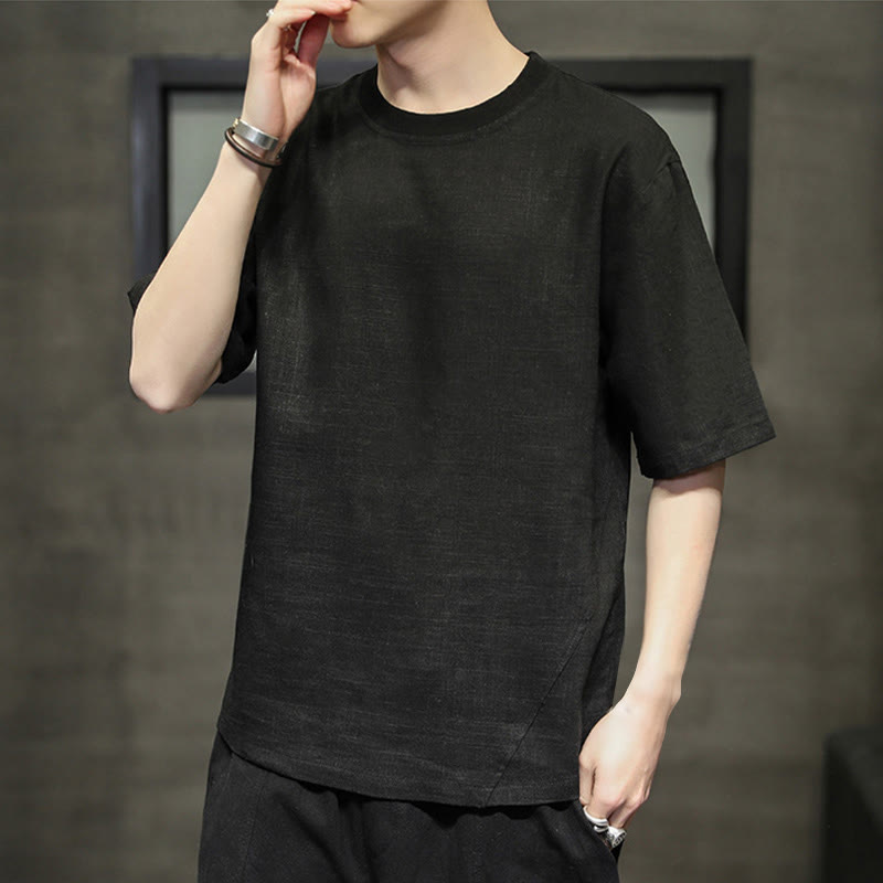 Buddha Stones Summer Casual Minimalist Solid Crew Neck Linen Men's Short Sleeve T-Shirts - image 7