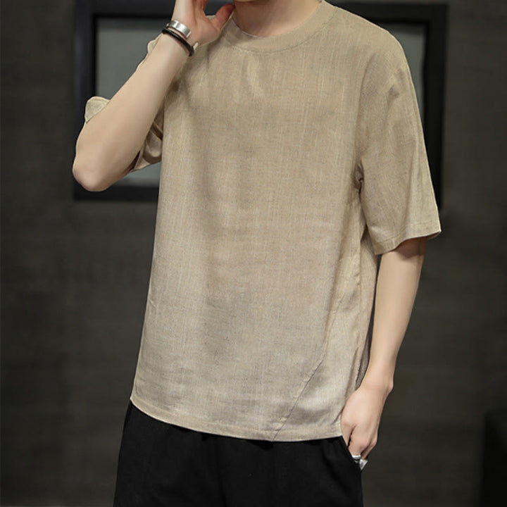 Buddha Stones Summer Casual Minimalist Solid Crew Neck Linen Men's Short Sleeve T-Shirts - image 1