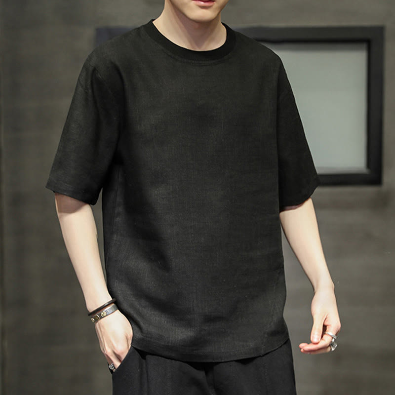Buddha Stones Summer Casual Minimalist Solid Crew Neck Linen Men's Short Sleeve T-Shirts - image 8