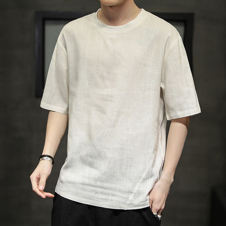 Buddha Stones Summer Casual Minimalist Solid Crew Neck Linen Men's Short Sleeve T-Shirts - image 23