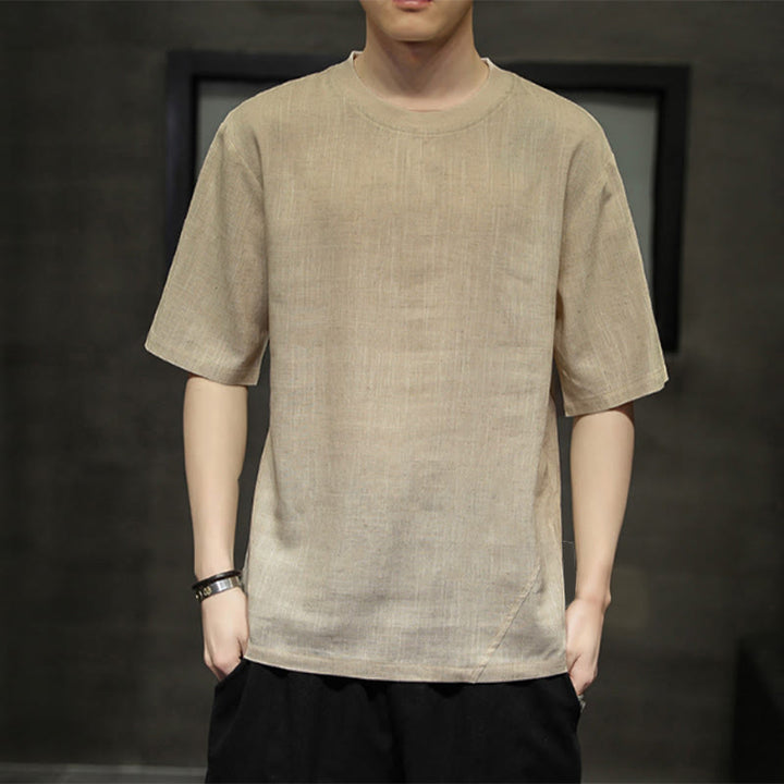 Buddha Stones Summer Casual Minimalist Solid Crew Neck Linen Men's Short Sleeve T-Shirts - Tan - US/UK/AU46，EU56 (5XL) - image 0