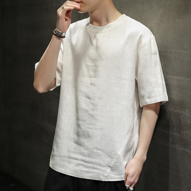 Buddha Stones Summer Casual Minimalist Solid Crew Neck Linen Men's Short Sleeve T-Shirts - image 25