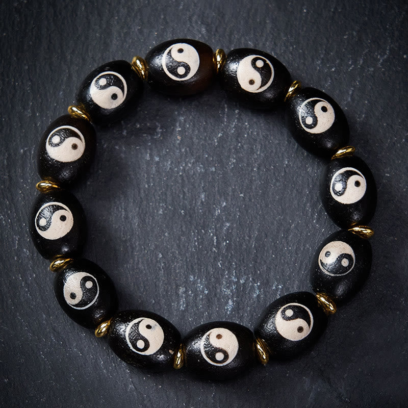 Buddha Stones Tibetan Dzi Bead Agate Yin Yang Symbol Protection Bracelet - 17-18cm - image 0