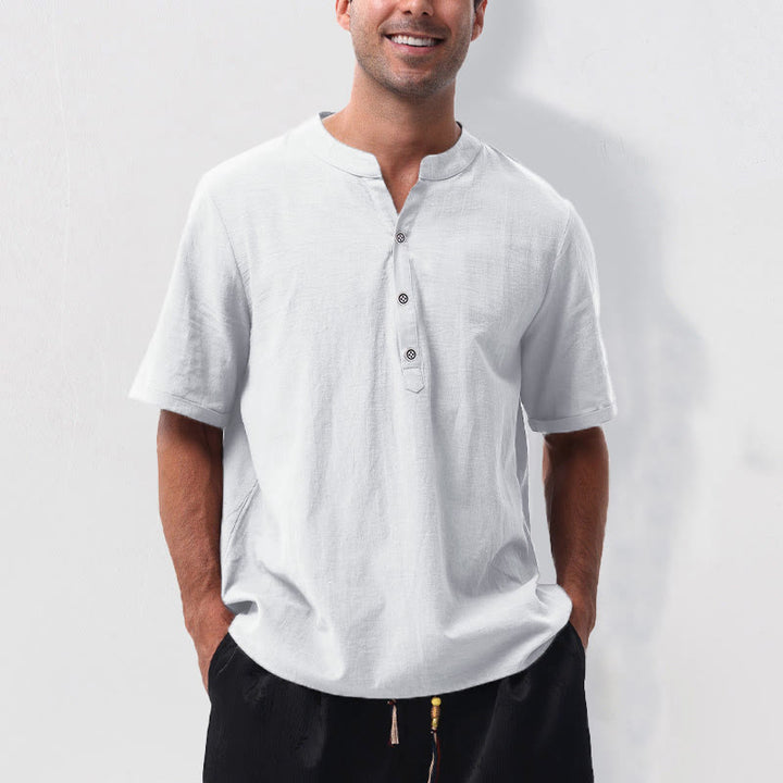 Buddha Stones Summer Casual Mandarin Collar Solid Half Buttons Cotton Linen Men's Short Sleeve Shirts - White - US/UK/AU50，EU60 (5XL) - image 20
