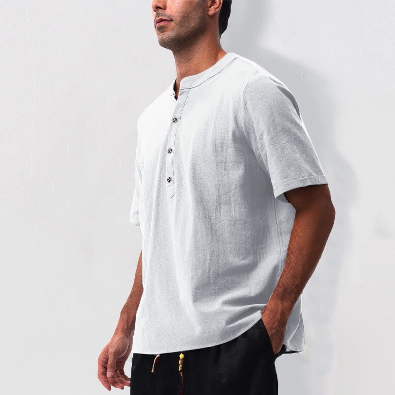 Buddha Stones Summer Casual Mandarin Collar Solid Half Buttons Cotton Linen Men's Short Sleeve Shirts - image 23