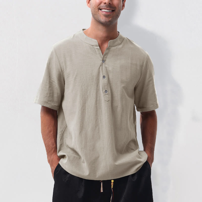 Buddha Stones Summer Casual Mandarin Collar Solid Half Buttons Cotton Linen Men's Short Sleeve Shirts - Linen - US/UK/AU50，EU60 (5XL) - image 8