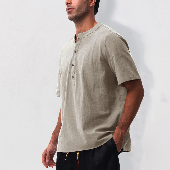 Buddha Stones Summer Casual Mandarin Collar Solid Half Buttons Cotton Linen Men's Short Sleeve Shirts - image 11