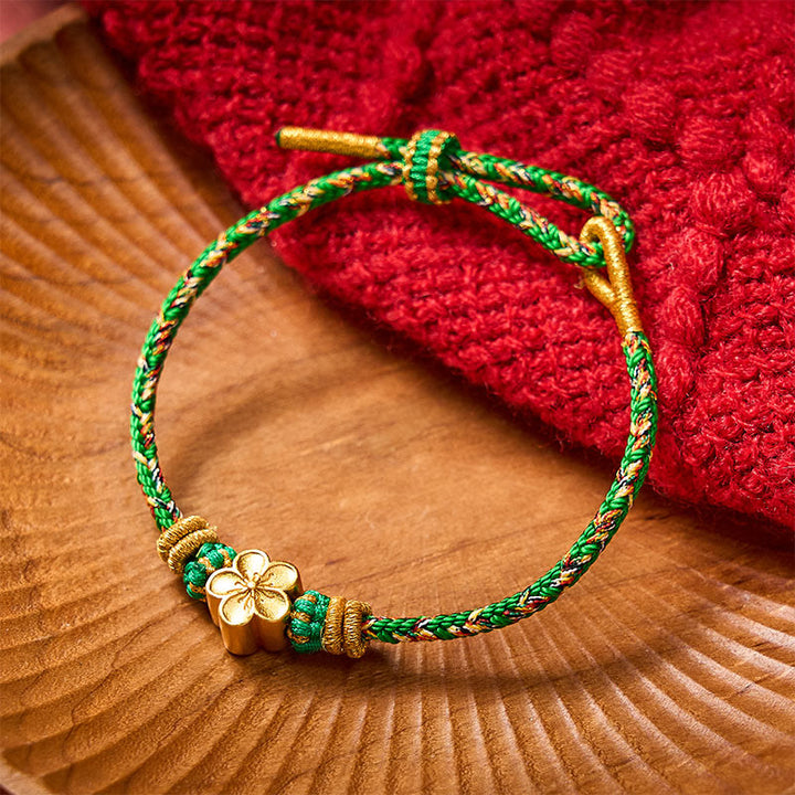 Buddha Stones Five Color Hand Woven Green String Green Ingots And Plum Blossom Amulets Protection Adjustable Bracelet - Green - With Peach Blossoms Accessory - image 11