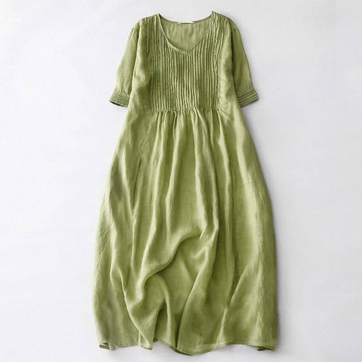 Buddha Stones Casual Accordion Pleat Plain V-neck Short Sleeve Midi Dress With Pockets - YellowGreen - US14，UK/AU18，EU46 (2XL) - image 11