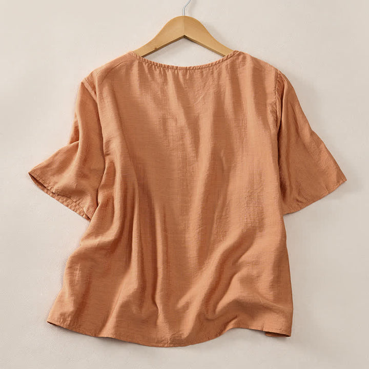 Buddha Stones Summer Casual Minimalist V-Neck Solid Decorative Button Women's Short Sleeve T-Shirts - image 1