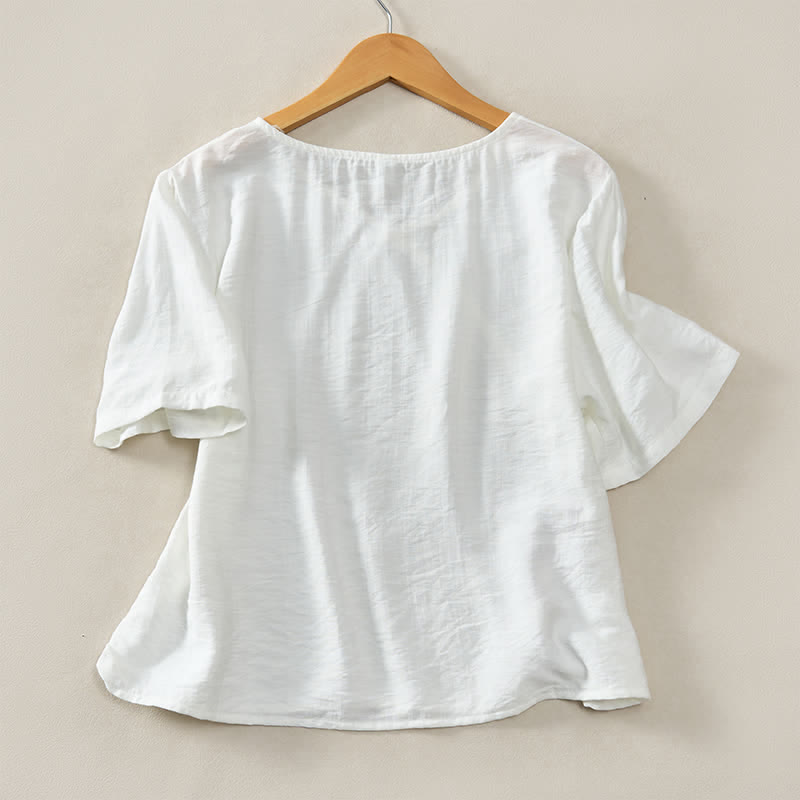 Buddha Stones Summer Casual Minimalist V-Neck Solid Decorative Button Women's Short Sleeve T-Shirts - image 19