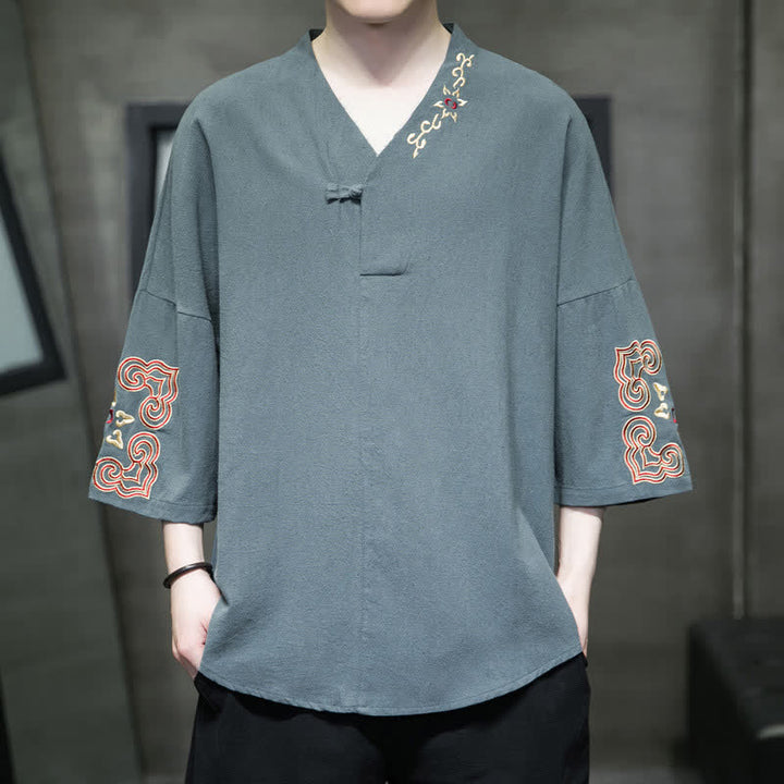 Buddha Stones Summer Tang Style Embroidery V-Neck One Frog Button Floral Men's Short Sleeve Shirts - CadetBlue - US/UK/AU46，EU56 (5XL) - image 0