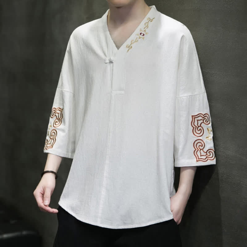 Buddha Stones Summer Tang Style Embroidery V-Neck One Frog Button Floral Men's Short Sleeve Shirts - image 9