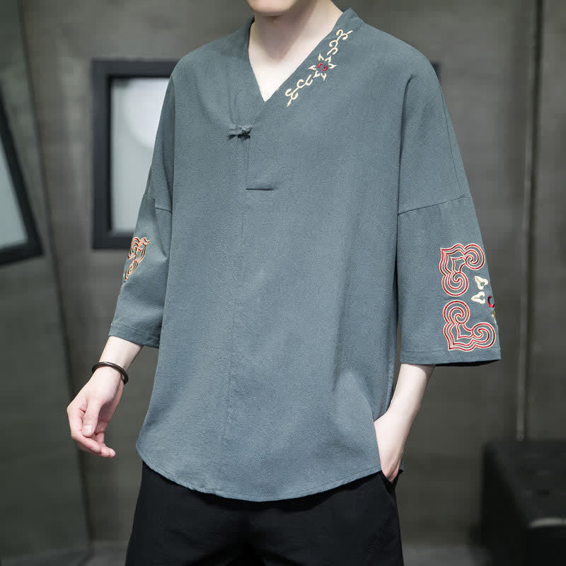 Buddha Stones Summer Tang Style Embroidery V-Neck One Frog Button Floral Men's Short Sleeve Shirts - image 1