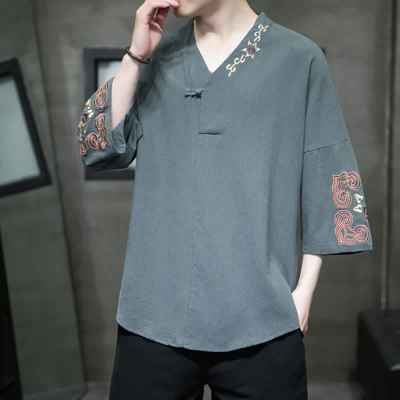 Buddha Stones Summer Tang Style Embroidery V-Neck One Frog Button Floral Men's Short Sleeve Shirts - image 2