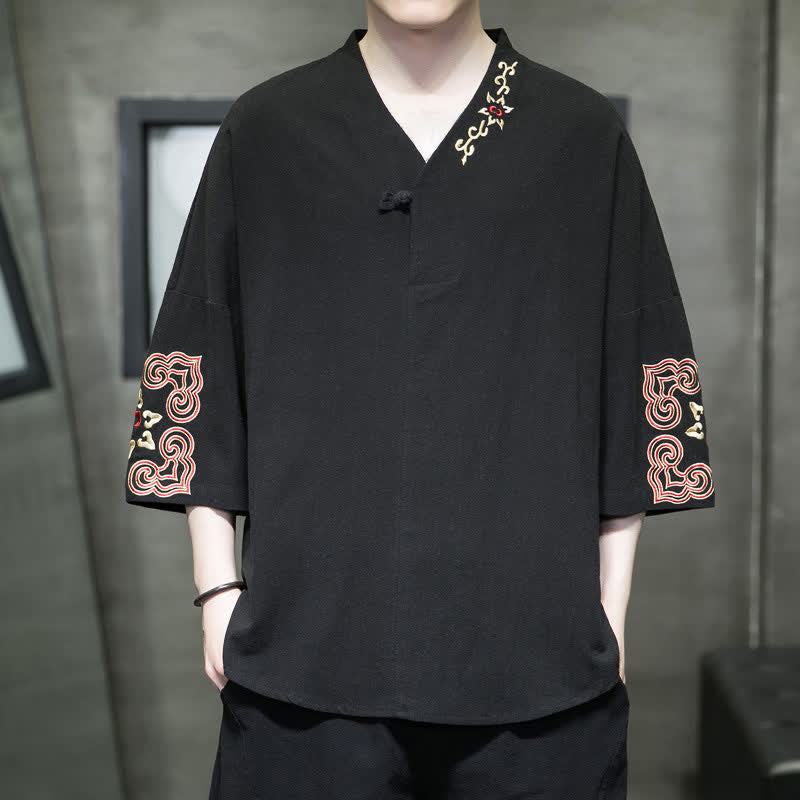 Buddha Stones Summer Tang Style Embroidery V-Neck One Frog Button Floral Men's Short Sleeve Shirts - Black - US/UK/AU46，EU56 (5XL) - image 6