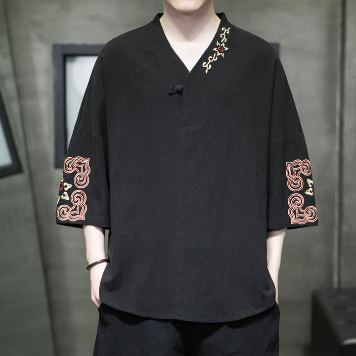 Buddha Stones Summer Tang Style Embroidery V-Neck One Frog Button Floral Men's Short Sleeve Shirts - Black - US/UK/AU46，EU56 (5XL) - image 6