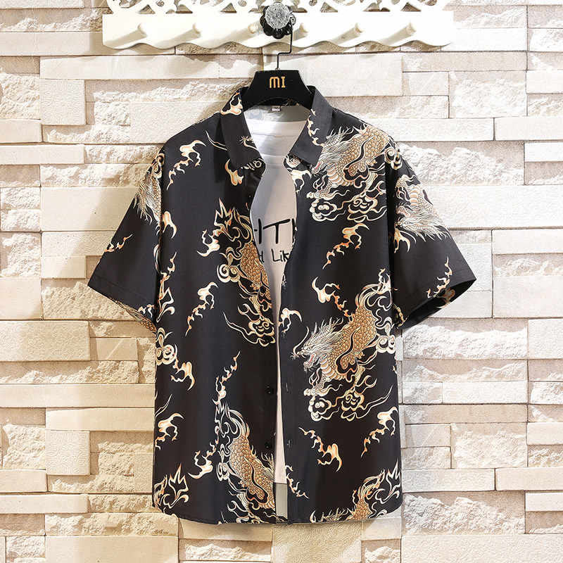Buddha Stones Summer Dragon Pattern Buttons Up Men's Short Sleeve Shirts - Black - US/UK/AU46，EU56 (5XL) - image 0