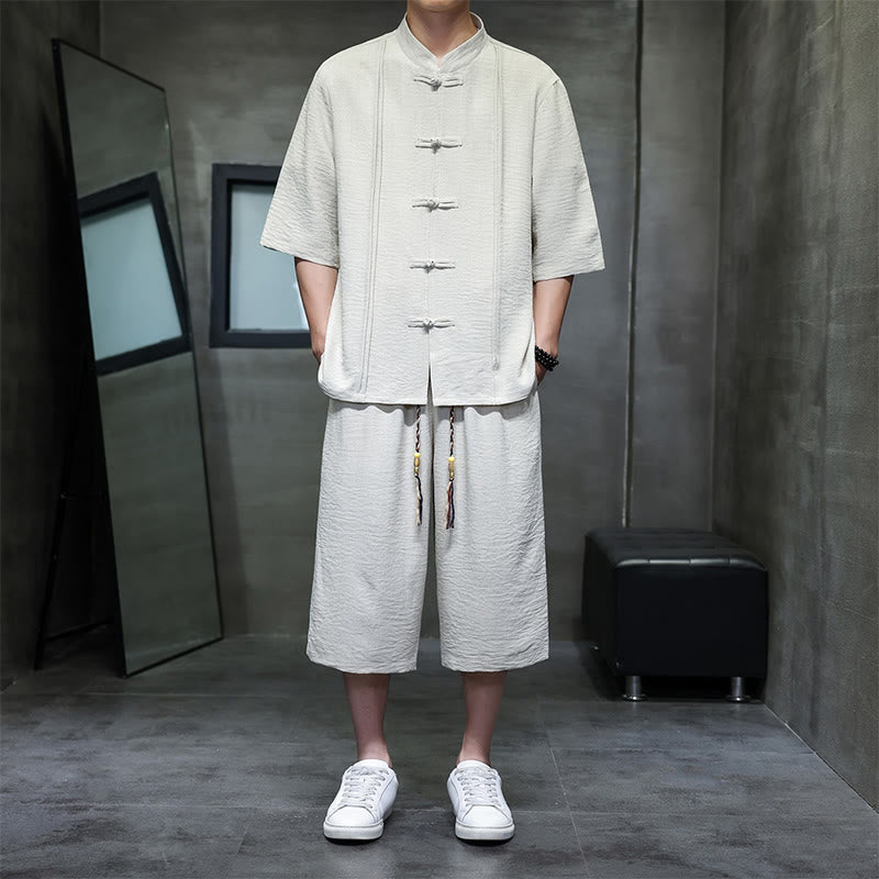Buddha Stones 2Pcs Summer Tang Style Frog Button Solid Elbow-Length Sleeve Shirt Cropped Pants Men's Meditation Cloth With Pockets - Beige - US/UK/AU46，EU56 (5XL) - image 0