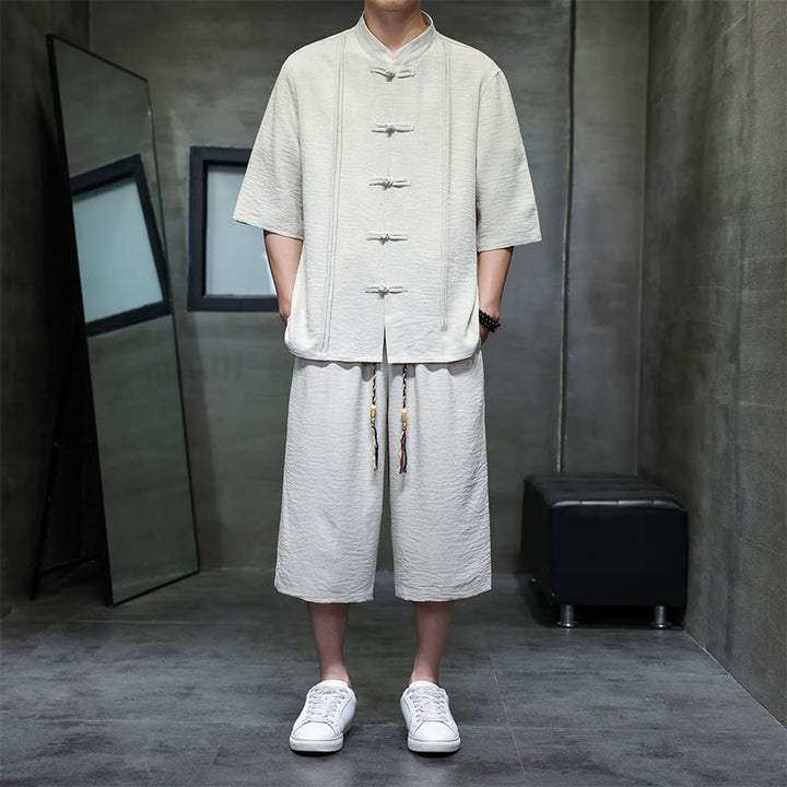Buddha Stones 2Pcs Summer Tang Style Frog Button Solid Elbow-Length Sleeve Shirt Cropped Pants Men's Meditation Cloth With Pockets - Beige - US/UK/AU46，EU56 (5XL) - image 0