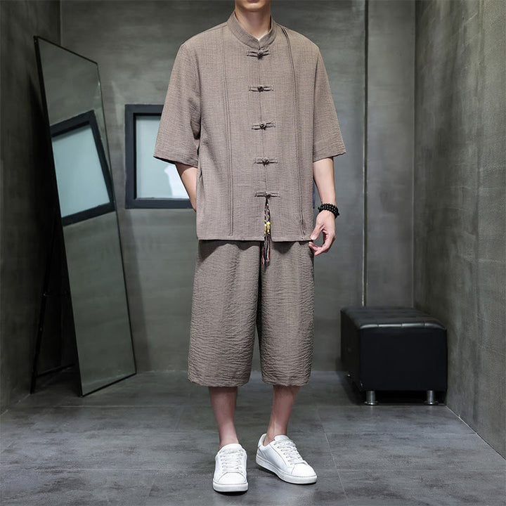 Buddha Stones 2Pcs Summer Tang Style Frog Button Solid Elbow-Length Sleeve Shirt Cropped Pants Men's Meditation Cloth With Pockets - Peru - US/UK/AU46，EU56 (5XL) - image 31