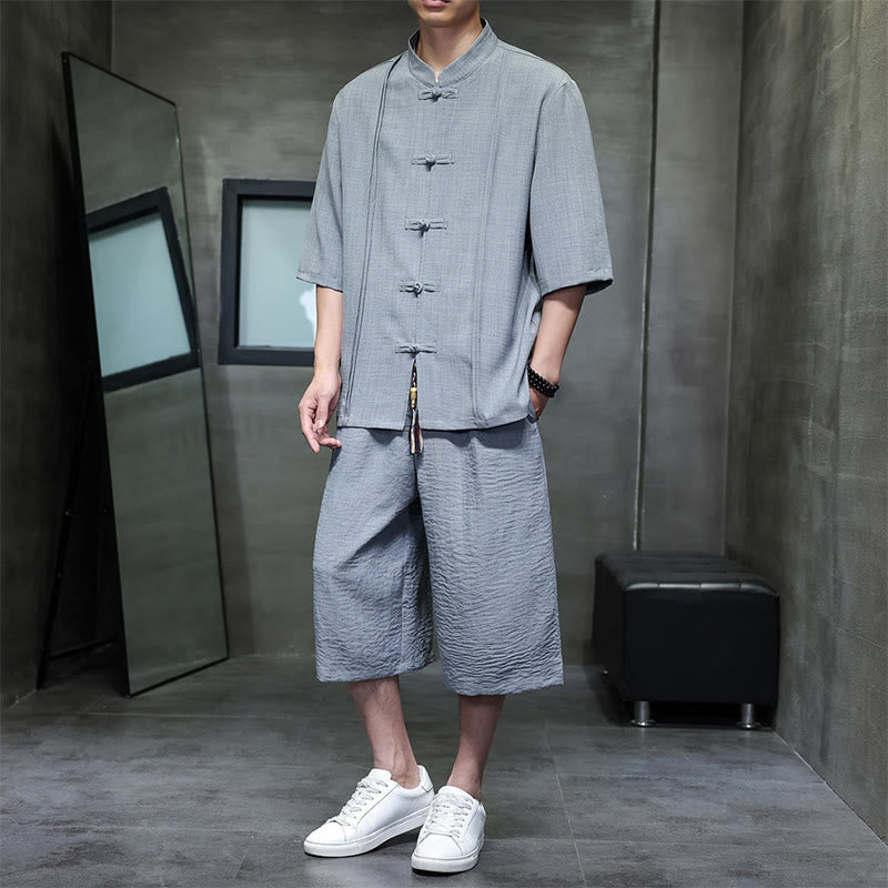 Buddha Stones 2Pcs Summer Tang Style Frog Button Solid Elbow-Length Sleeve Shirt Cropped Pants Men's Meditation Cloth With Pockets - Gray - US/UK/AU46，EU56 (5XL) - image 9