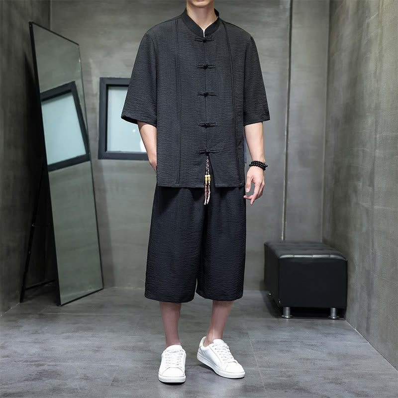Buddha Stones 2Pcs Summer Tang Style Frog Button Solid Elbow-Length Sleeve Shirt Cropped Pants Men's Meditation Cloth With Pockets - Black - US/UK/AU46，EU56 (5XL) - image 22