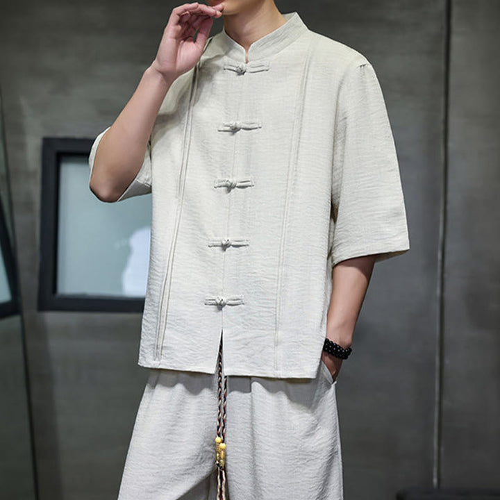 Buddha Stones 2Pcs Summer Tang Style Frog Button Solid Elbow-Length Sleeve Shirt Cropped Pants Men's Meditation Cloth With Pockets - image 8