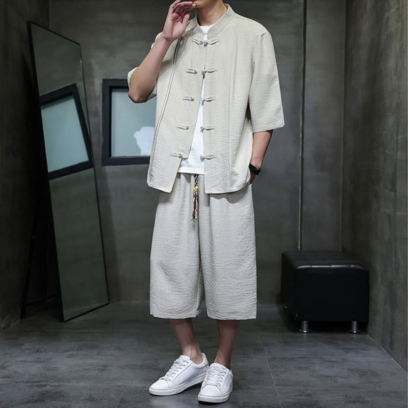 Buddha Stones 2Pcs Summer Tang Style Frog Button Solid Elbow-Length Sleeve Shirt Cropped Pants Men's Meditation Cloth With Pockets - image 5
