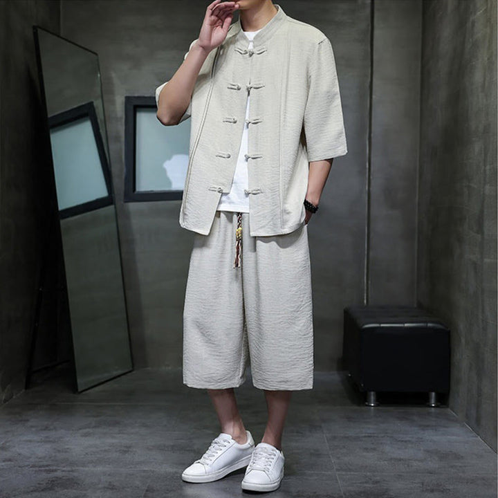 Buddha Stones 2Pcs Summer Tang Style Frog Button Solid Elbow-Length Sleeve Shirt Cropped Pants Men's Meditation Cloth With Pockets - image 5