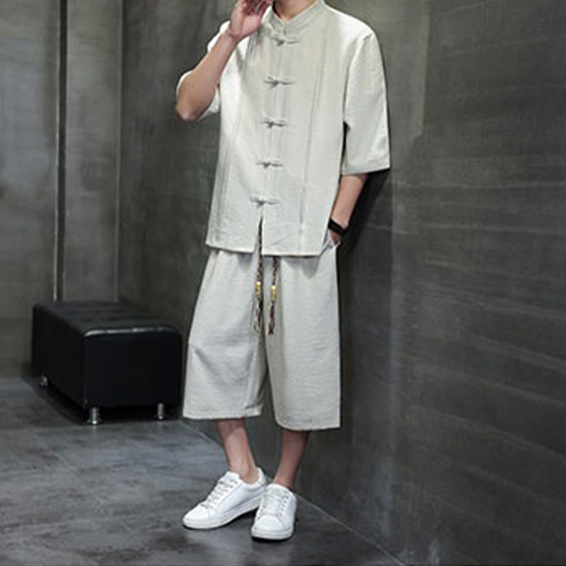 Buddha Stones 2Pcs Summer Tang Style Frog Button Solid Elbow-Length Sleeve Shirt Cropped Pants Men's Meditation Cloth With Pockets - image 2