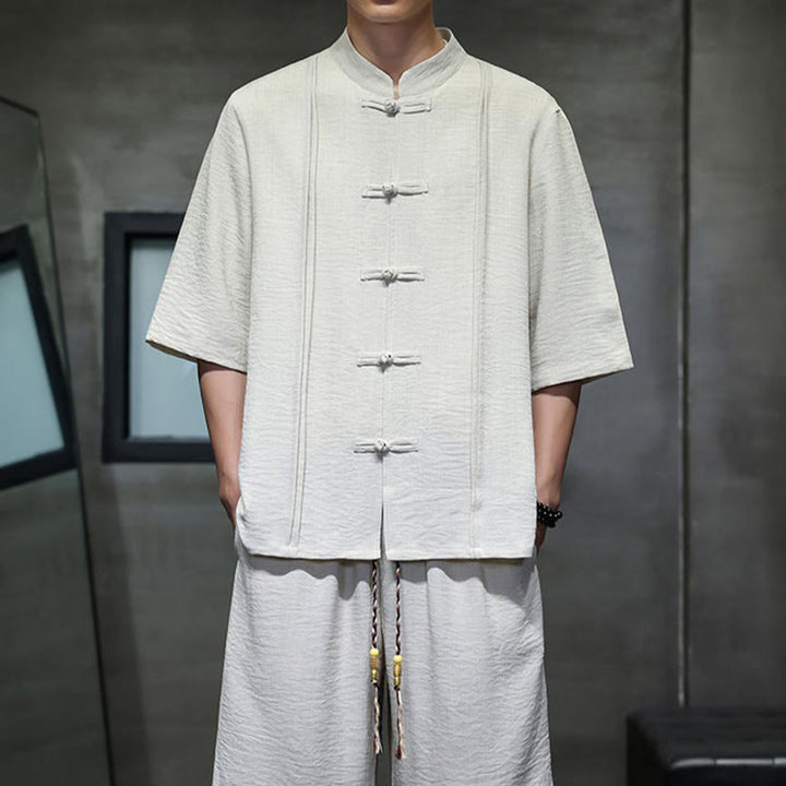Buddha Stones 2Pcs Summer Tang Style Frog Button Solid Elbow-Length Sleeve Shirt Cropped Pants Men's Meditation Cloth With Pockets - image 7
