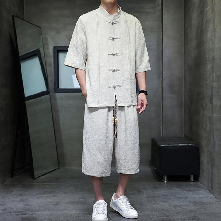 Buddha Stones 2Pcs Summer Tang Style Frog Button Solid Elbow-Length Sleeve Shirt Cropped Pants Men's Meditation Cloth With Pockets - image 1