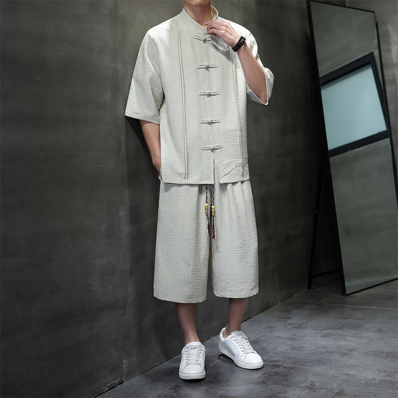 Buddha Stones 2Pcs Summer Tang Style Frog Button Solid Elbow-Length Sleeve Shirt Cropped Pants Men's Meditation Cloth With Pockets - image 4