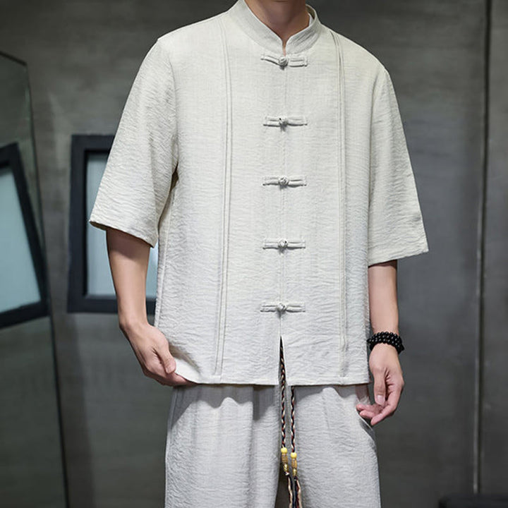 Buddha Stones 2Pcs Summer Tang Style Frog Button Solid Elbow-Length Sleeve Shirt Cropped Pants Men's Meditation Cloth With Pockets - image 6