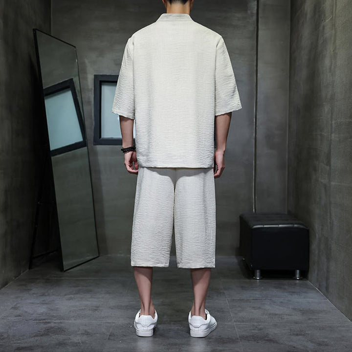 Buddha Stones 2Pcs Summer Tang Style Frog Button Solid Elbow-Length Sleeve Shirt Cropped Pants Men's Meditation Cloth With Pockets - image 3