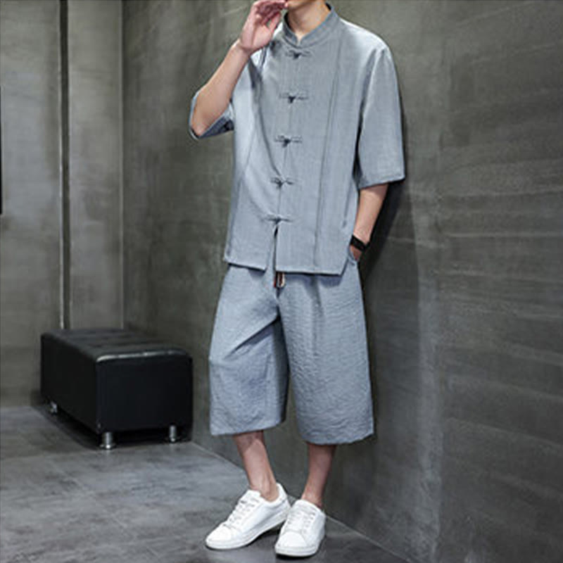 Buddha Stones 2Pcs Summer Tang Style Frog Button Solid Elbow-Length Sleeve Shirt Cropped Pants Men's Meditation Cloth With Pockets - image 11