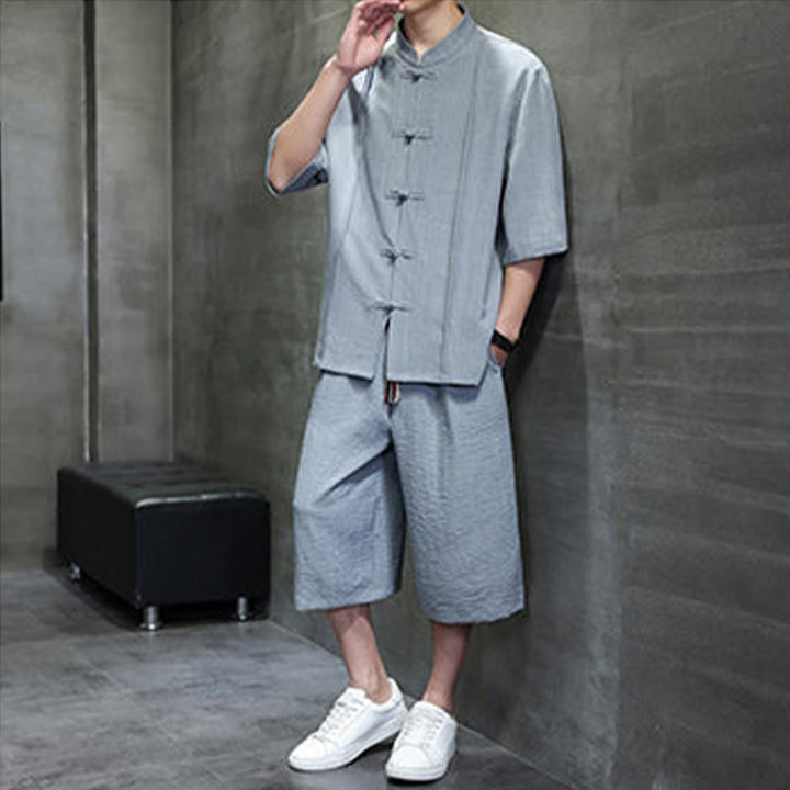 Buddha Stones 2Pcs Summer Tang Style Frog Button Solid Elbow-Length Sleeve Shirt Cropped Pants Men's Meditation Cloth With Pockets - image 11