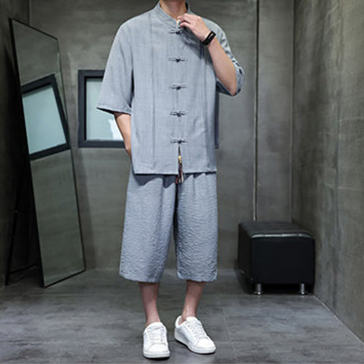 Buddha Stones 2Pcs Summer Tang Style Frog Button Solid Elbow-Length Sleeve Shirt Cropped Pants Men's Meditation Cloth With Pockets - image 10