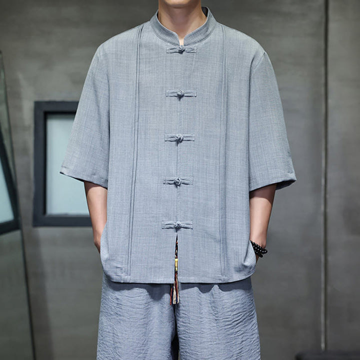 Buddha Stones 2Pcs Summer Tang Style Frog Button Solid Elbow-Length Sleeve Shirt Cropped Pants Men's Meditation Cloth With Pockets - image 16