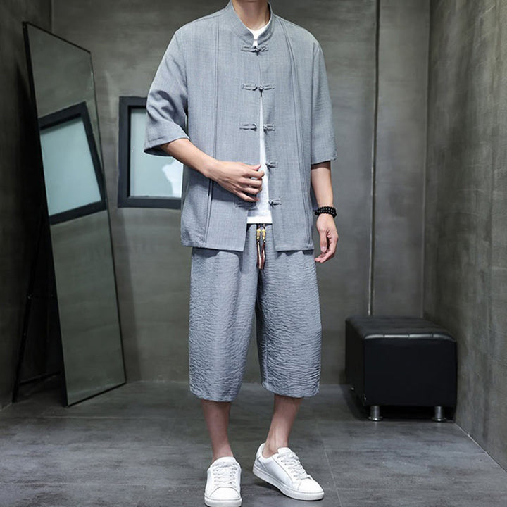 Buddha Stones 2Pcs Summer Tang Style Frog Button Solid Elbow-Length Sleeve Shirt Cropped Pants Men's Meditation Cloth With Pockets - image 12