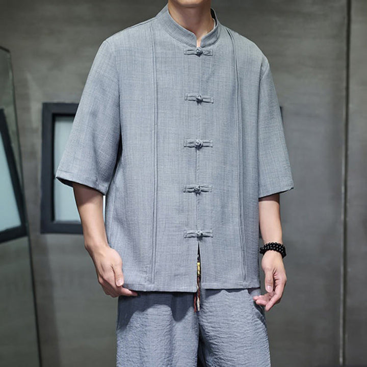 Buddha Stones 2Pcs Summer Tang Style Frog Button Solid Elbow-Length Sleeve Shirt Cropped Pants Men's Meditation Cloth With Pockets - image 17