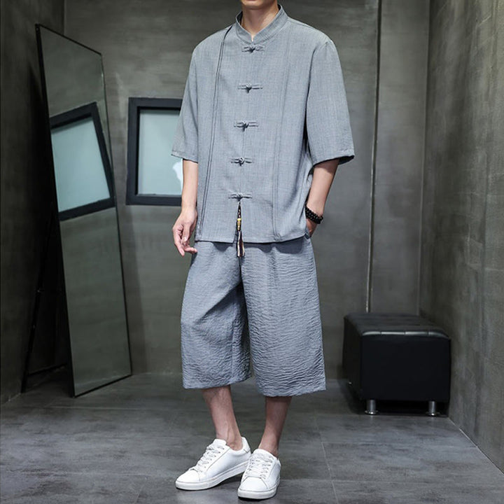 Buddha Stones 2Pcs Summer Tang Style Frog Button Solid Elbow-Length Sleeve Shirt Cropped Pants Men's Meditation Cloth With Pockets - image 13
