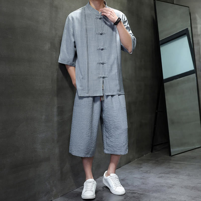 Buddha Stones 2Pcs Summer Tang Style Frog Button Solid Elbow-Length Sleeve Shirt Cropped Pants Men's Meditation Cloth With Pockets - image 14