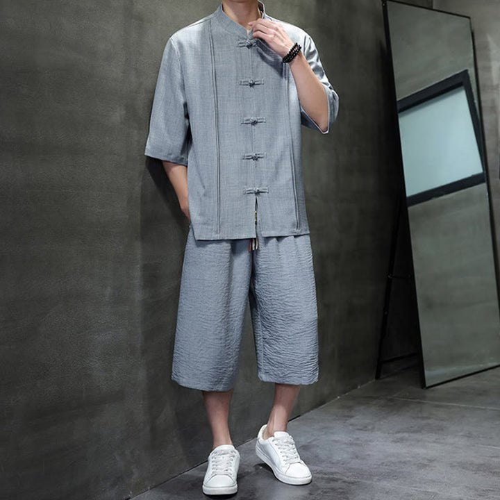 Buddha Stones 2Pcs Summer Tang Style Frog Button Solid Elbow-Length Sleeve Shirt Cropped Pants Men's Meditation Cloth With Pockets - image 14