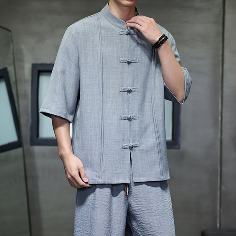 Buddha Stones 2Pcs Summer Tang Style Frog Button Solid Elbow-Length Sleeve Shirt Cropped Pants Men's Meditation Cloth With Pockets - image 15