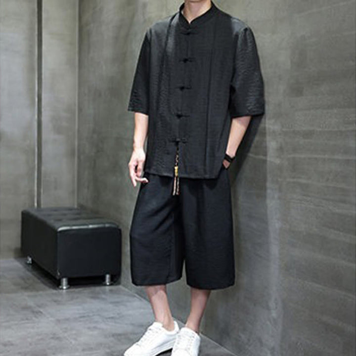Buddha Stones 2Pcs Summer Tang Style Frog Button Solid Elbow-Length Sleeve Shirt Cropped Pants Men's Meditation Cloth With Pockets - image 24