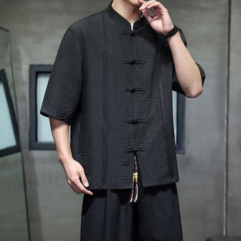 Buddha Stones 2Pcs Summer Tang Style Frog Button Solid Elbow-Length Sleeve Shirt Cropped Pants Men's Meditation Cloth With Pockets - image 28