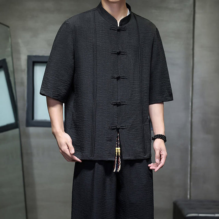 Buddha Stones 2Pcs Summer Tang Style Frog Button Solid Elbow-Length Sleeve Shirt Cropped Pants Men's Meditation Cloth With Pockets - image 30