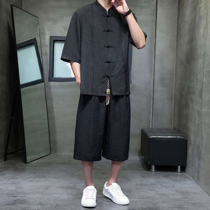 Buddha Stones 2Pcs Summer Tang Style Frog Button Solid Elbow-Length Sleeve Shirt Cropped Pants Men's Meditation Cloth With Pockets - image 25